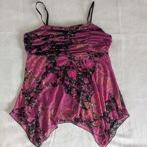 VTG Y2K Heart Soul Pink Black Paisley‎ Semi Sheer Babydoll Top Sz L Whimsigoth